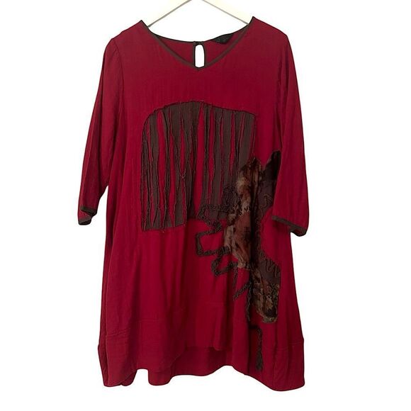 Peacock Ways Women’s 100% Cotton One Size Red Flowy Dress or Tunic Top, Sleeves - Picture 4 of 13